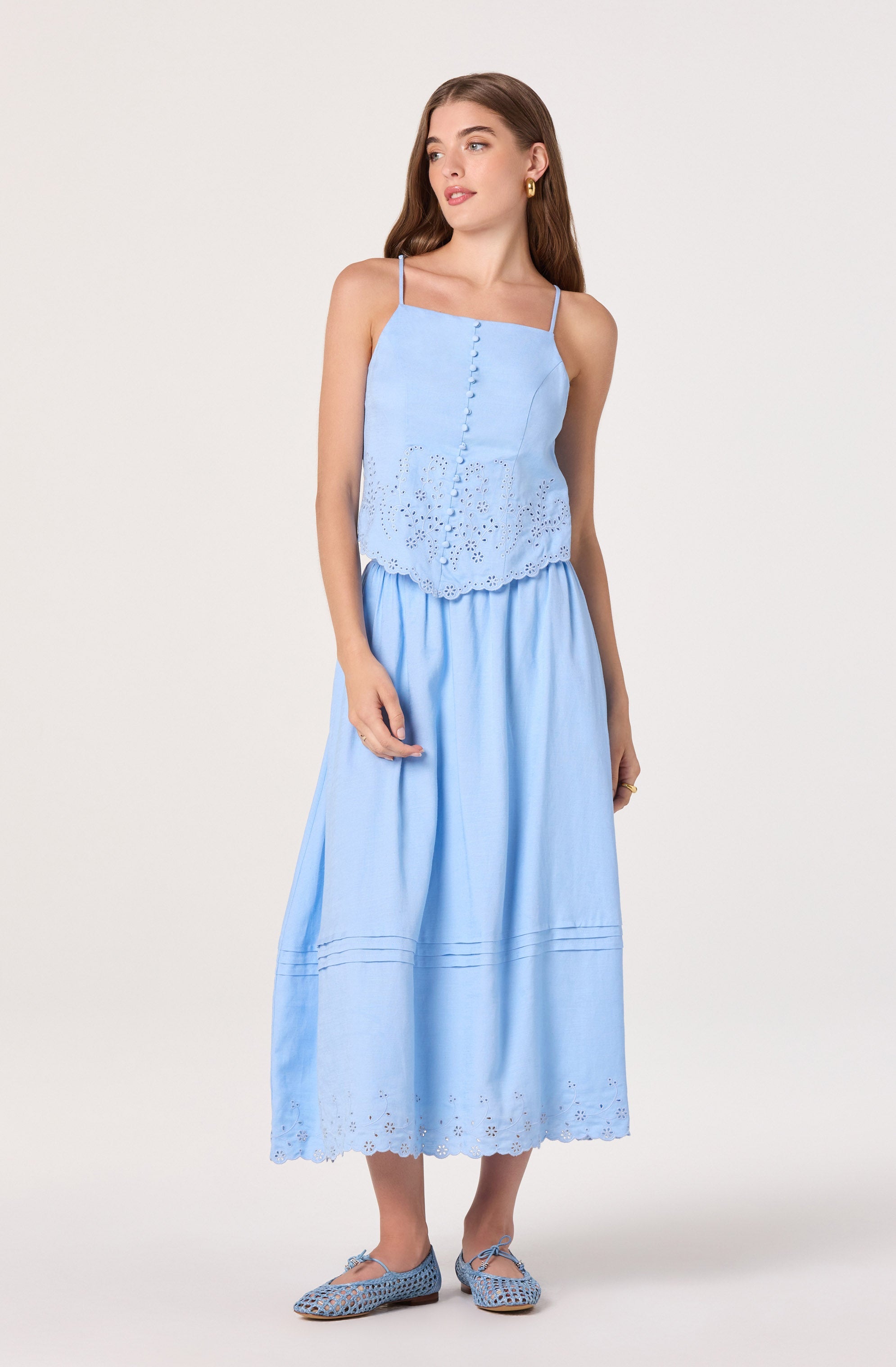 Shelly Eyelet Hem Linen Midi Skirt