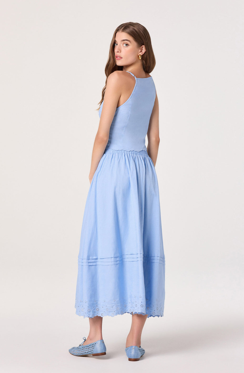 Shelly Eyelet Hem Linen Midi Skirt