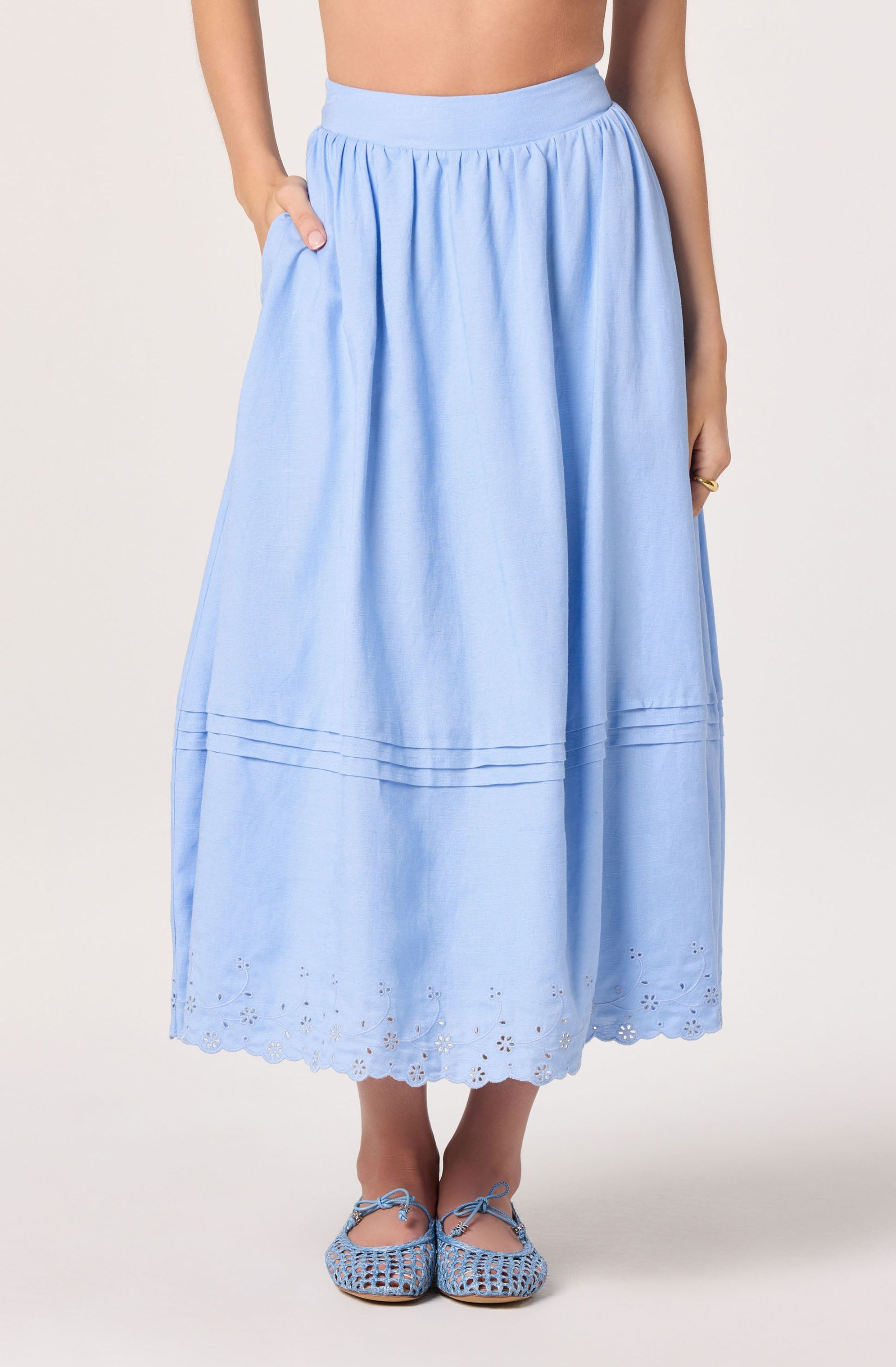 Shelly Eyelet Hem Linen Midi Skirt