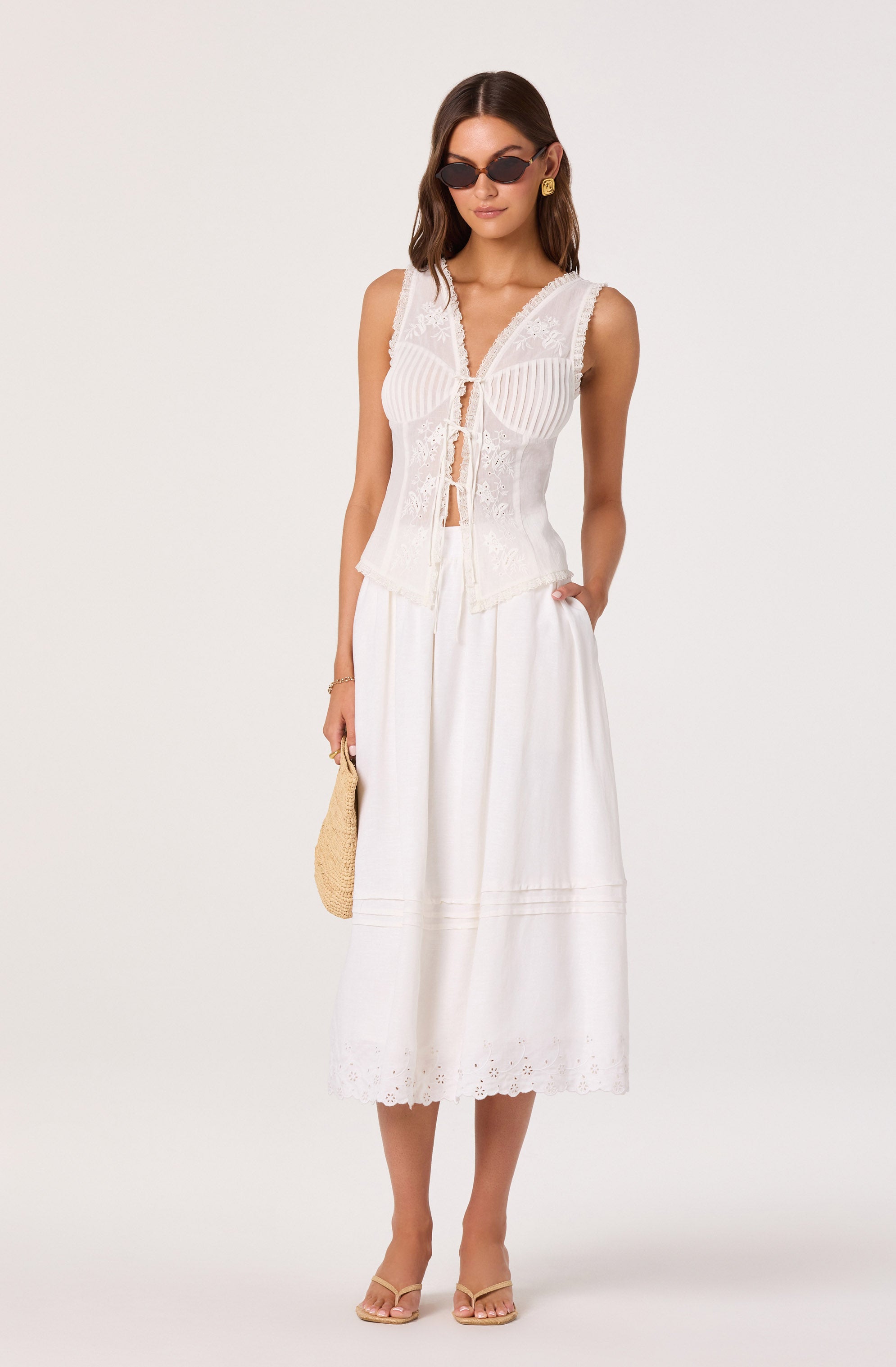 Shelly Eyelet Hem Linen Midi Skirt