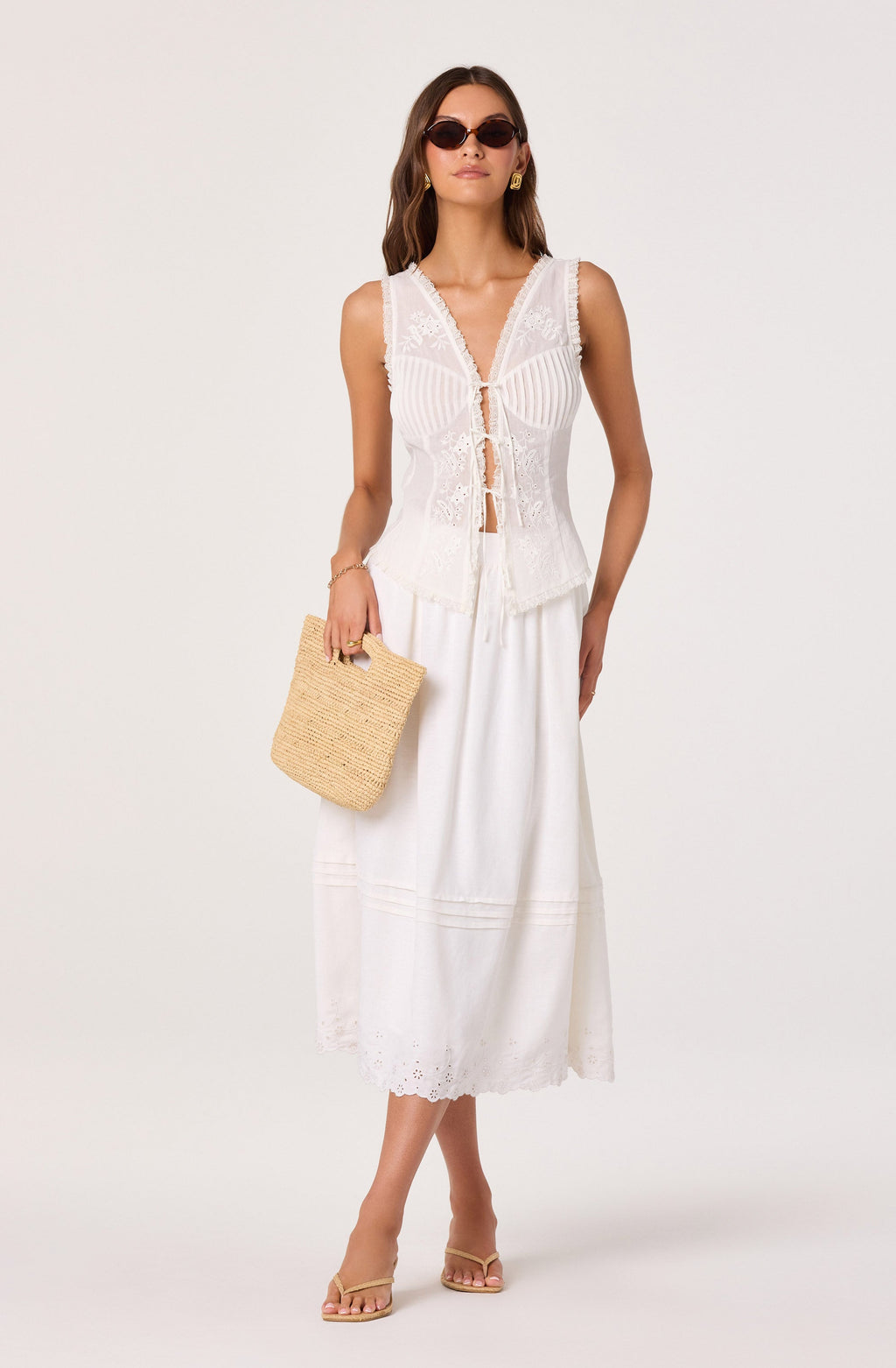 Shelly Eyelet Hem Linen Midi Skirt