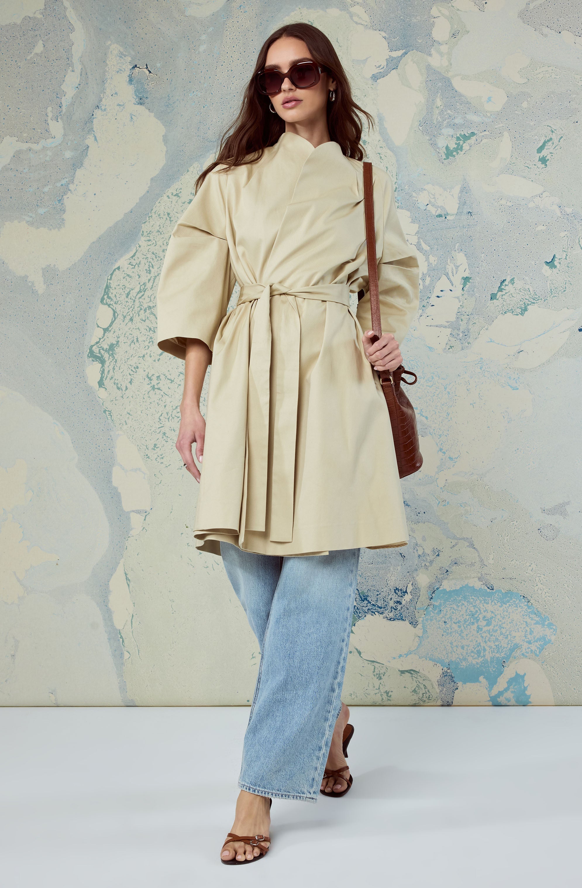 Kaylin Collarless Wrap Trench Coat