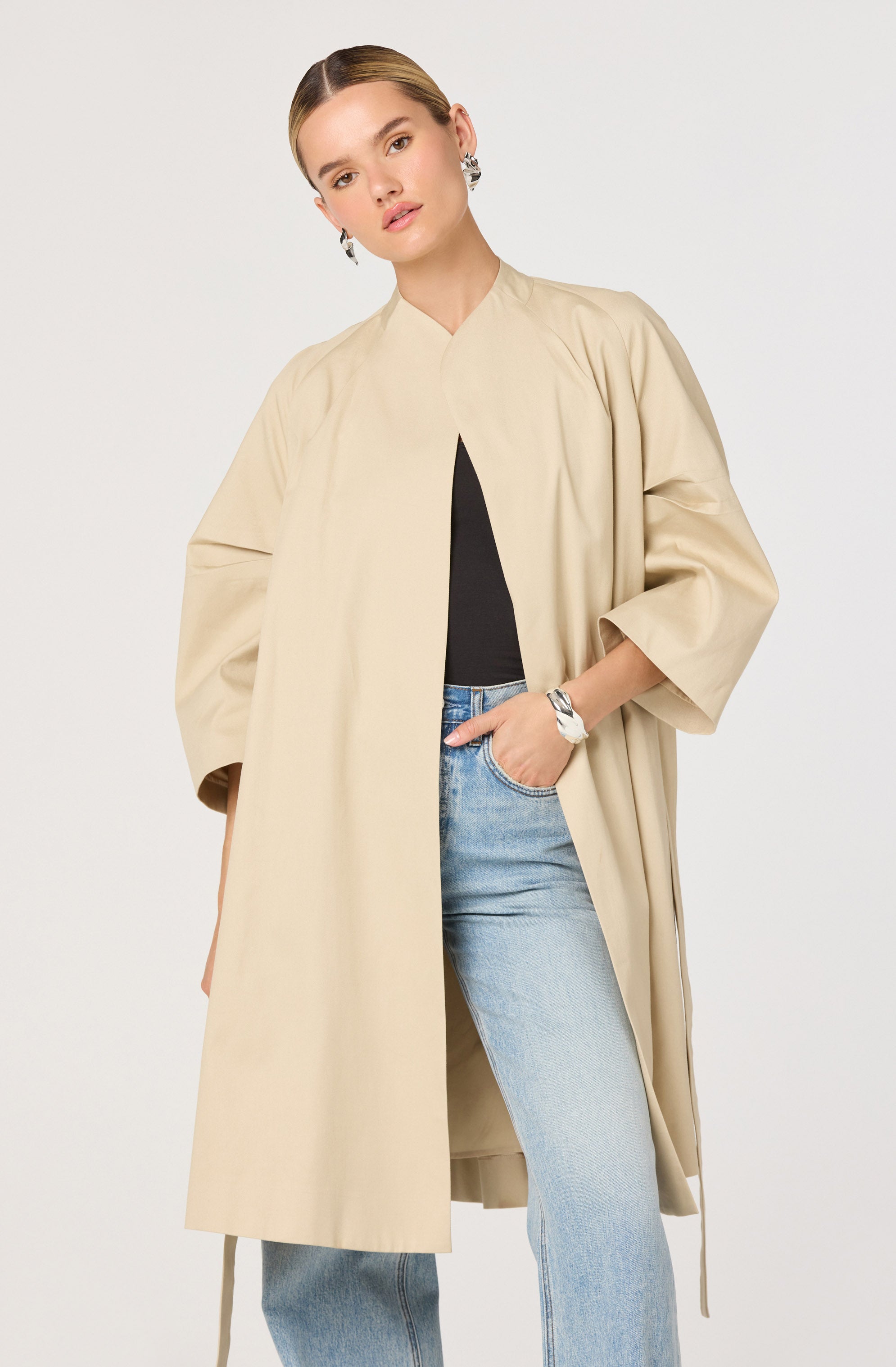 Kaylin Collarless Wrap Trench Coat