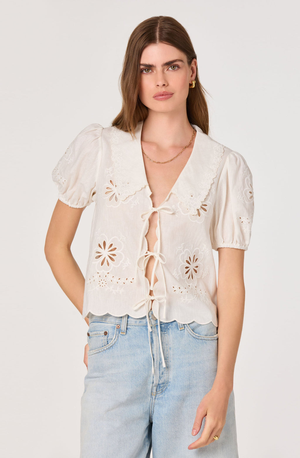 Eider Embroidered Cutwork Tie-Front Top