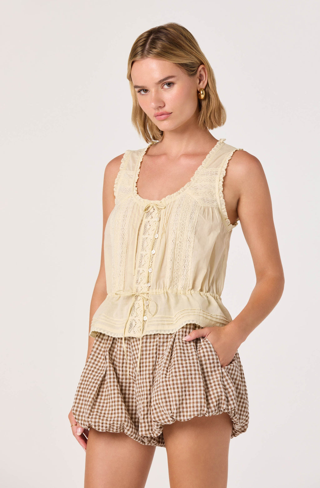 Shreya Lace Trim Button-Front Tank