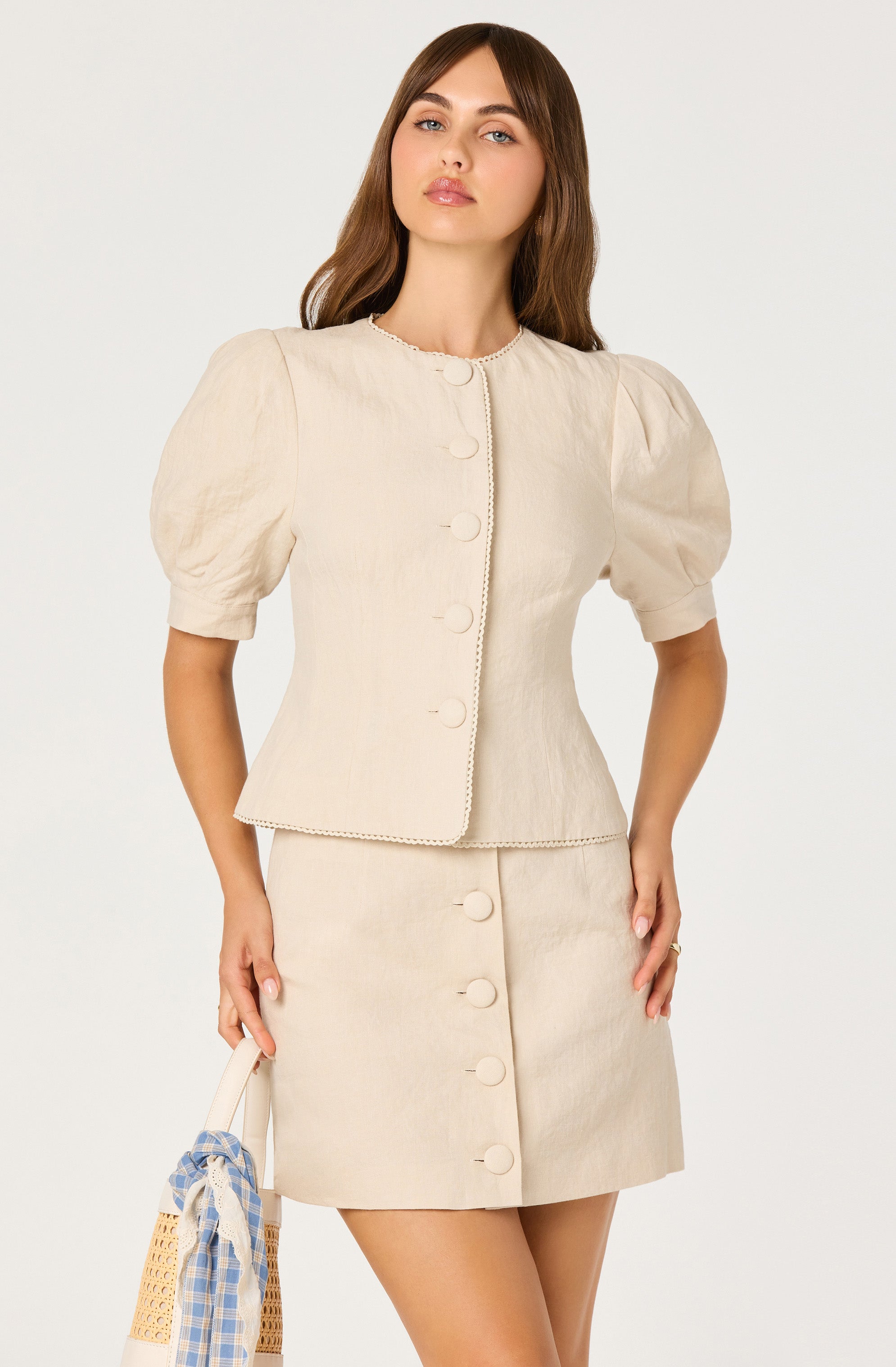 Cailey Linen Puff Sleeve Button-Front Top