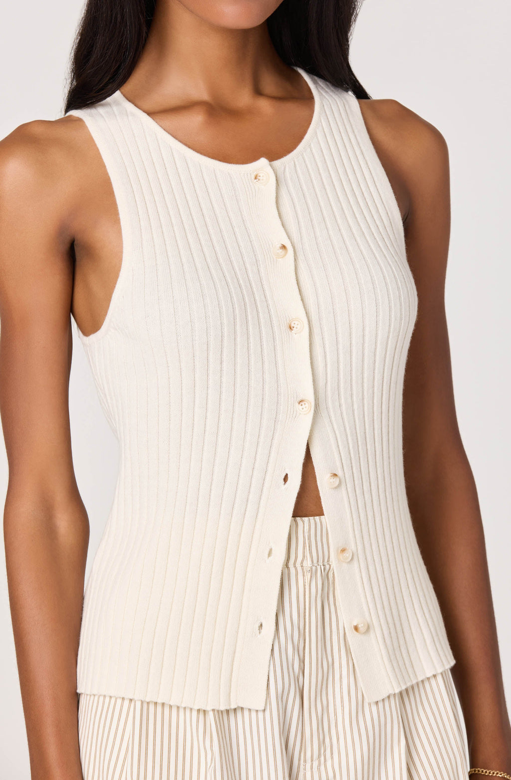 Mamie Ribbed Knit Button-Front Top