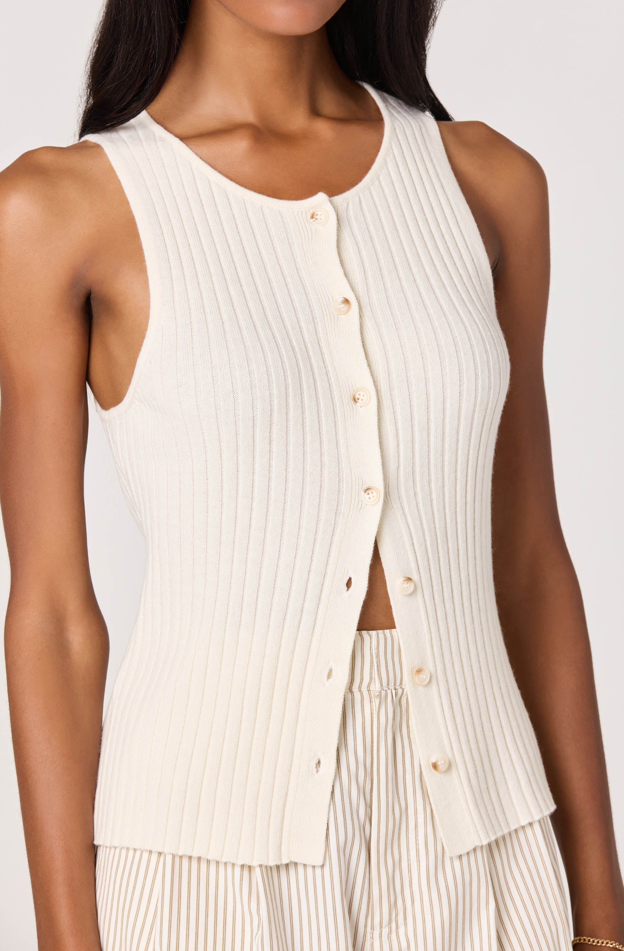 Mamie Ribbed Knit Button-Front Top