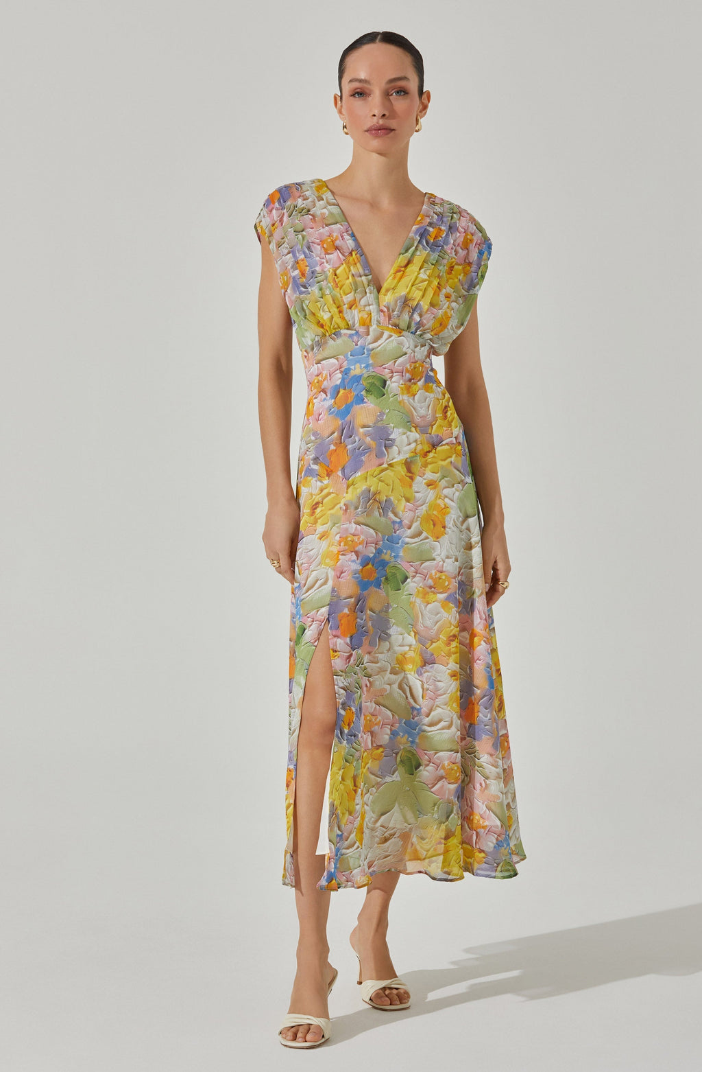 V-Neck Pleated Floral Midi Dress