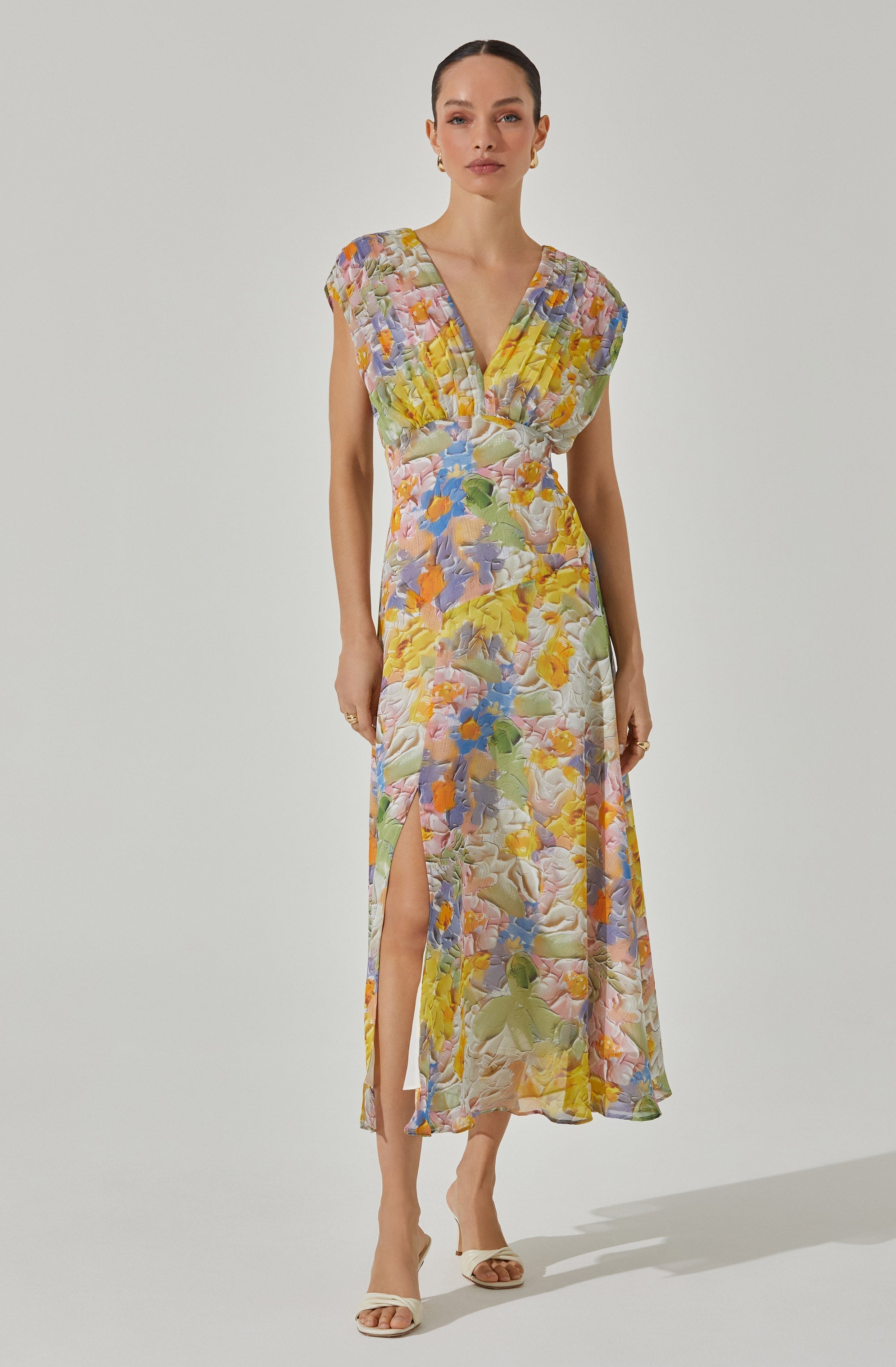 V-Neck Pleated Floral Midi Dress
