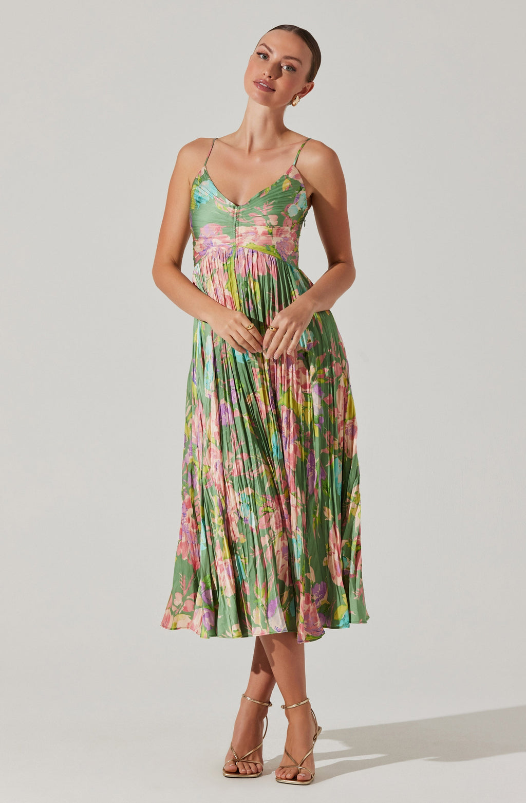 Maeve Floral Pleated Satin Midi Dress