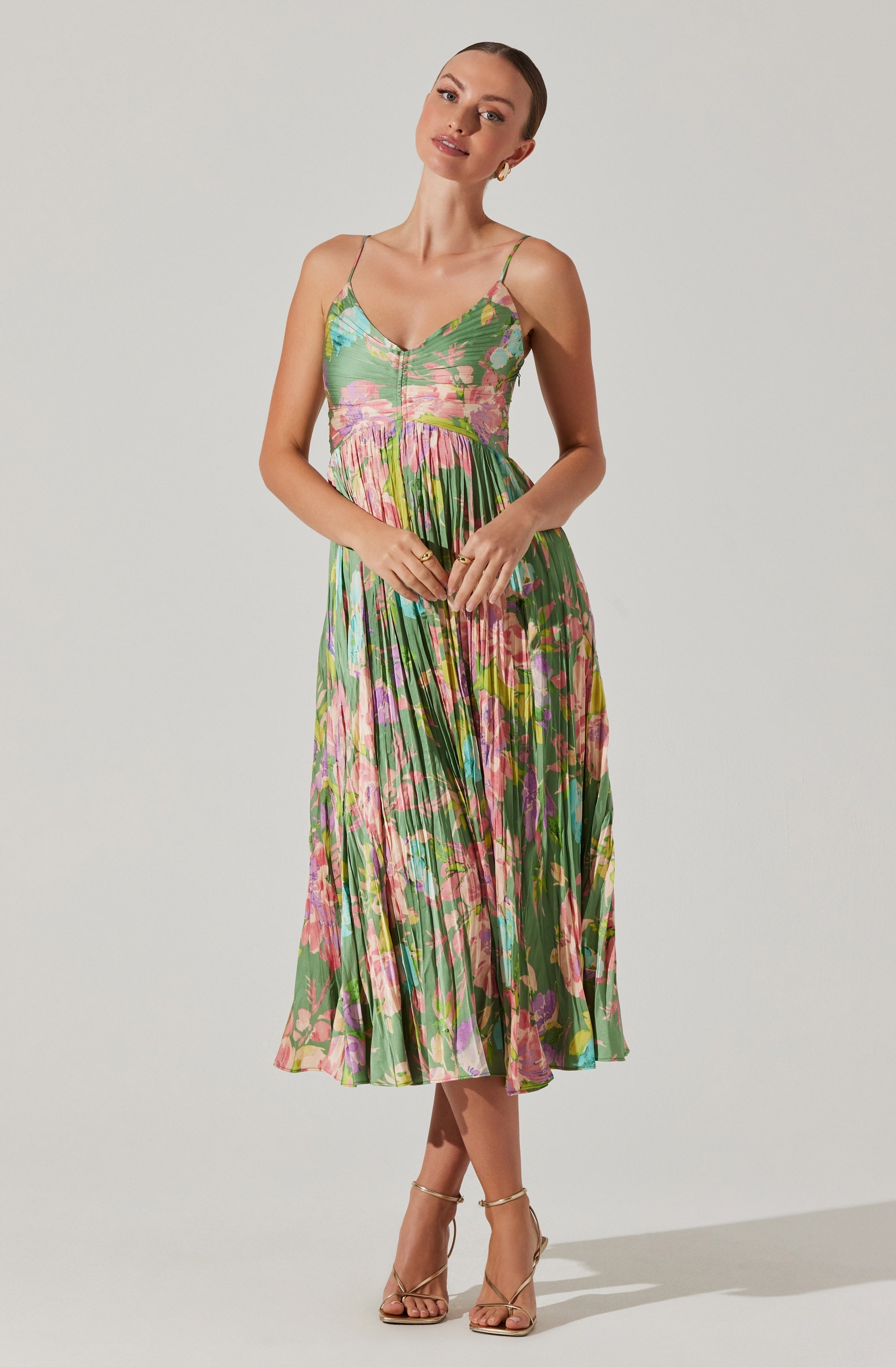 Maeve Floral Pleated Satin Midi Dress