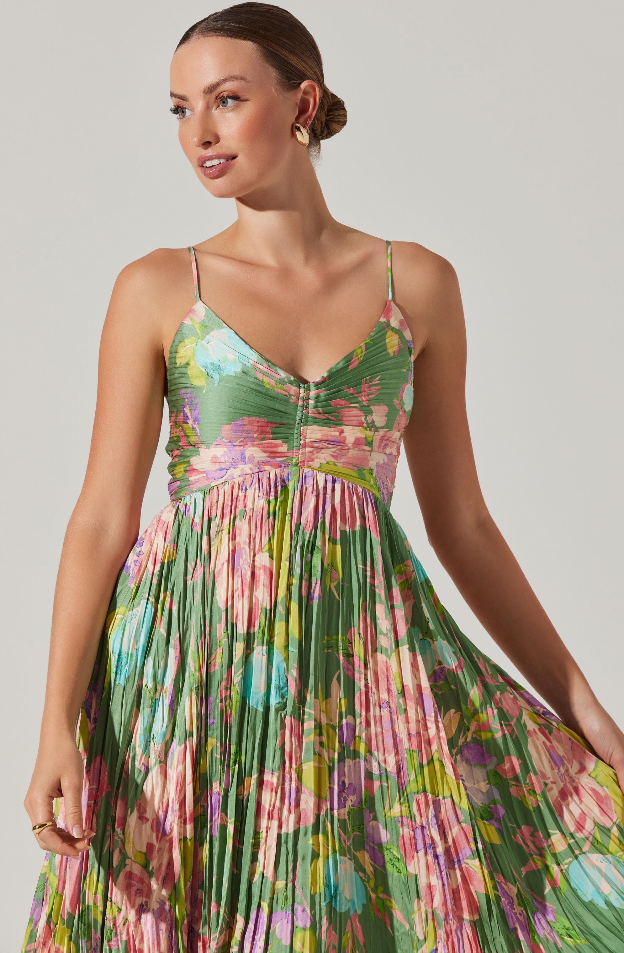 Maeve Floral Pleated Satin Midi Dress
