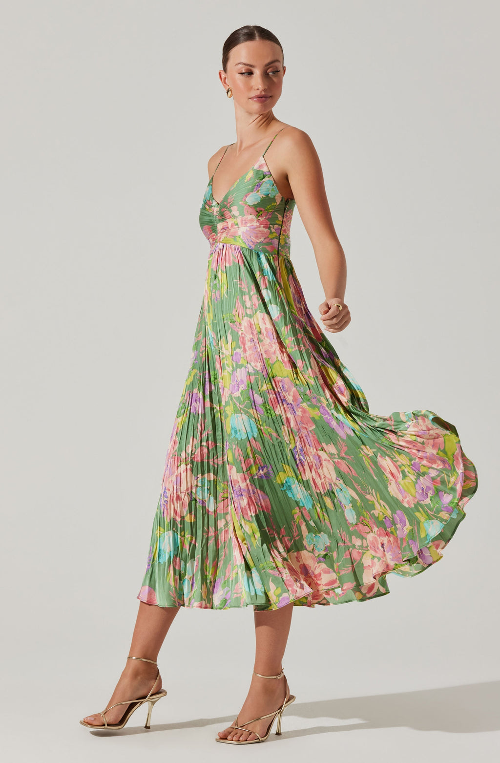 Maeve Floral Pleated Satin Midi Dress