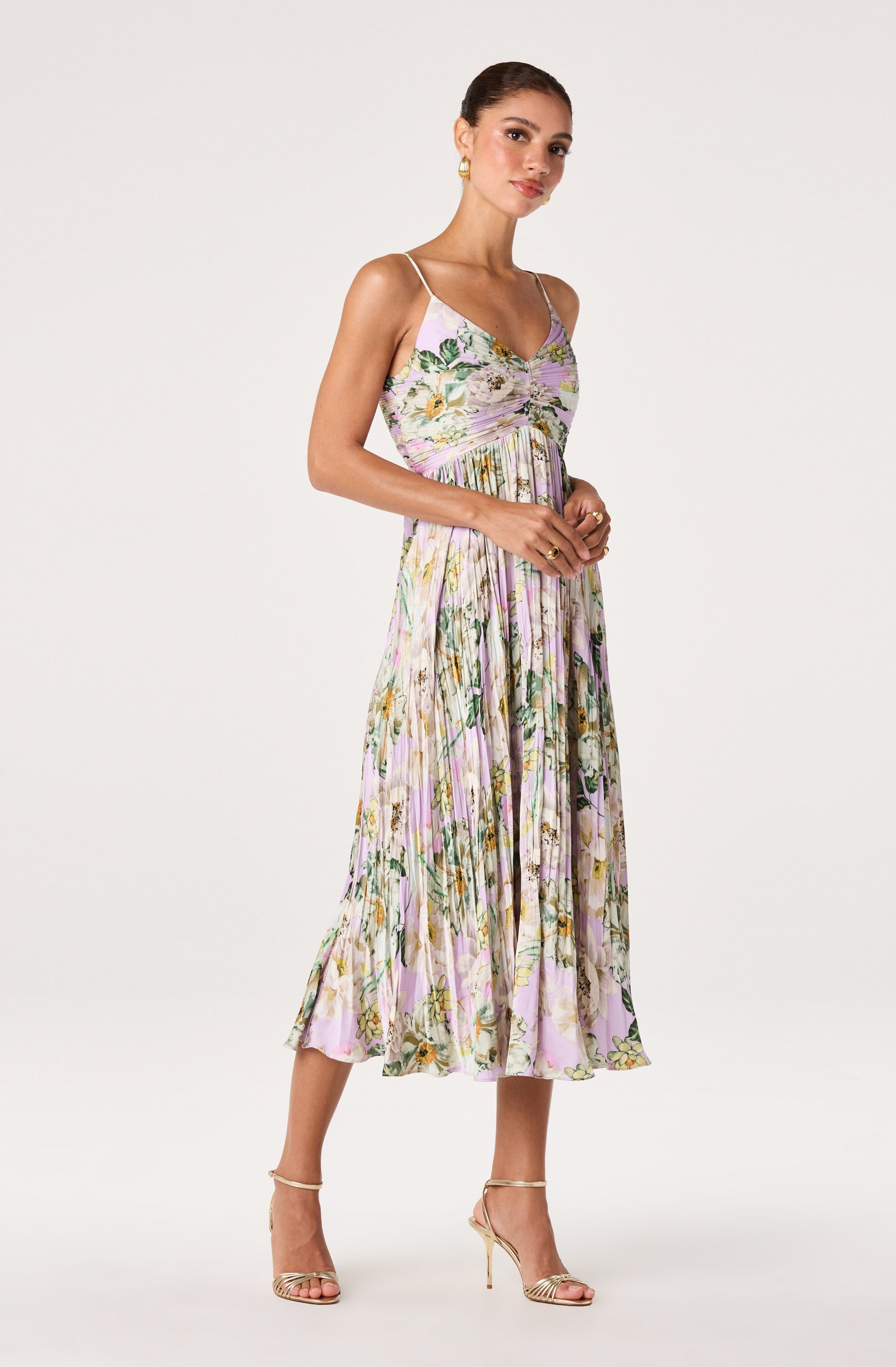 Maeve Floral Pleated Satin Midi Dress