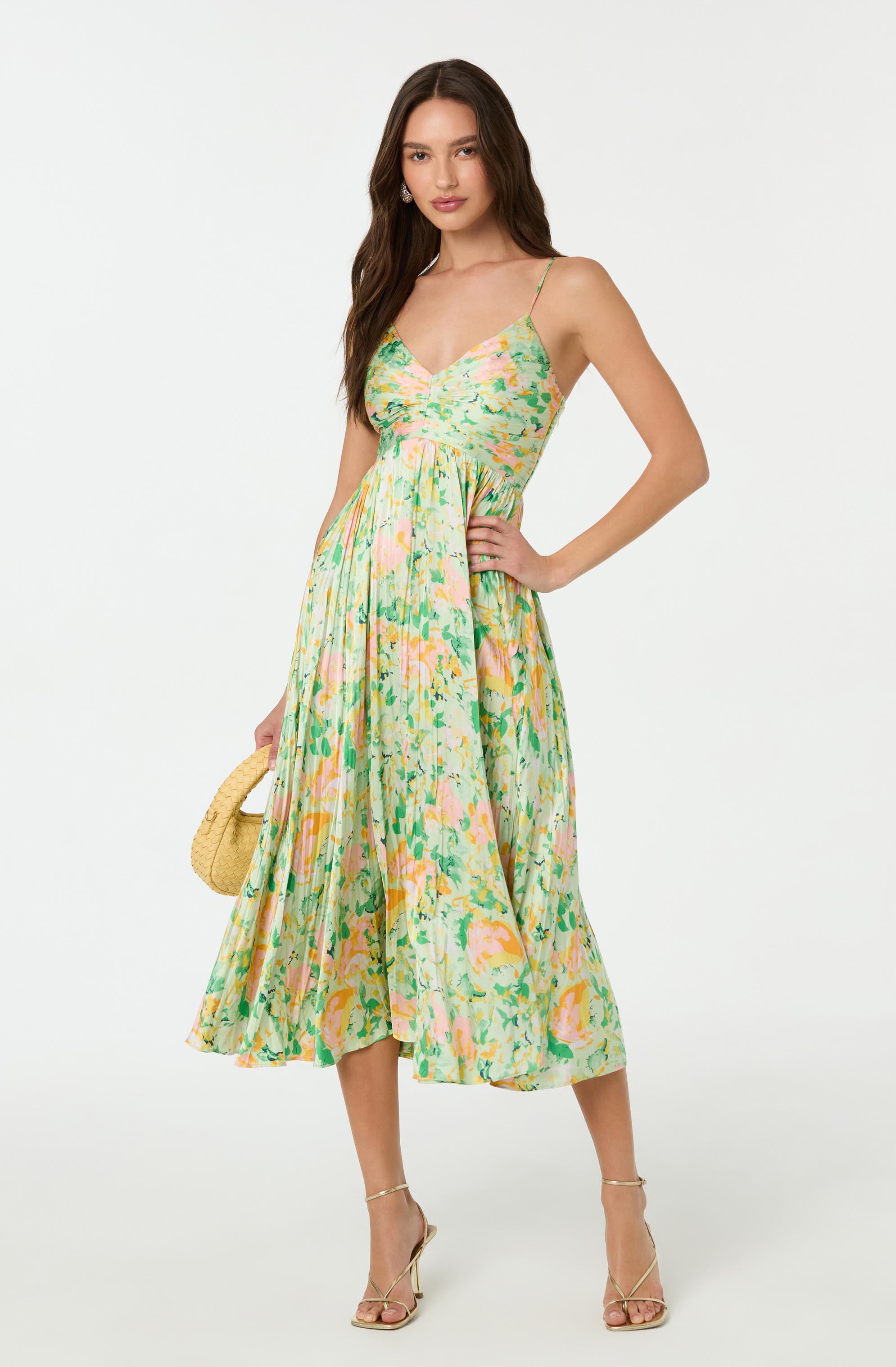 Maeve Floral Pleated Satin Midi Dress