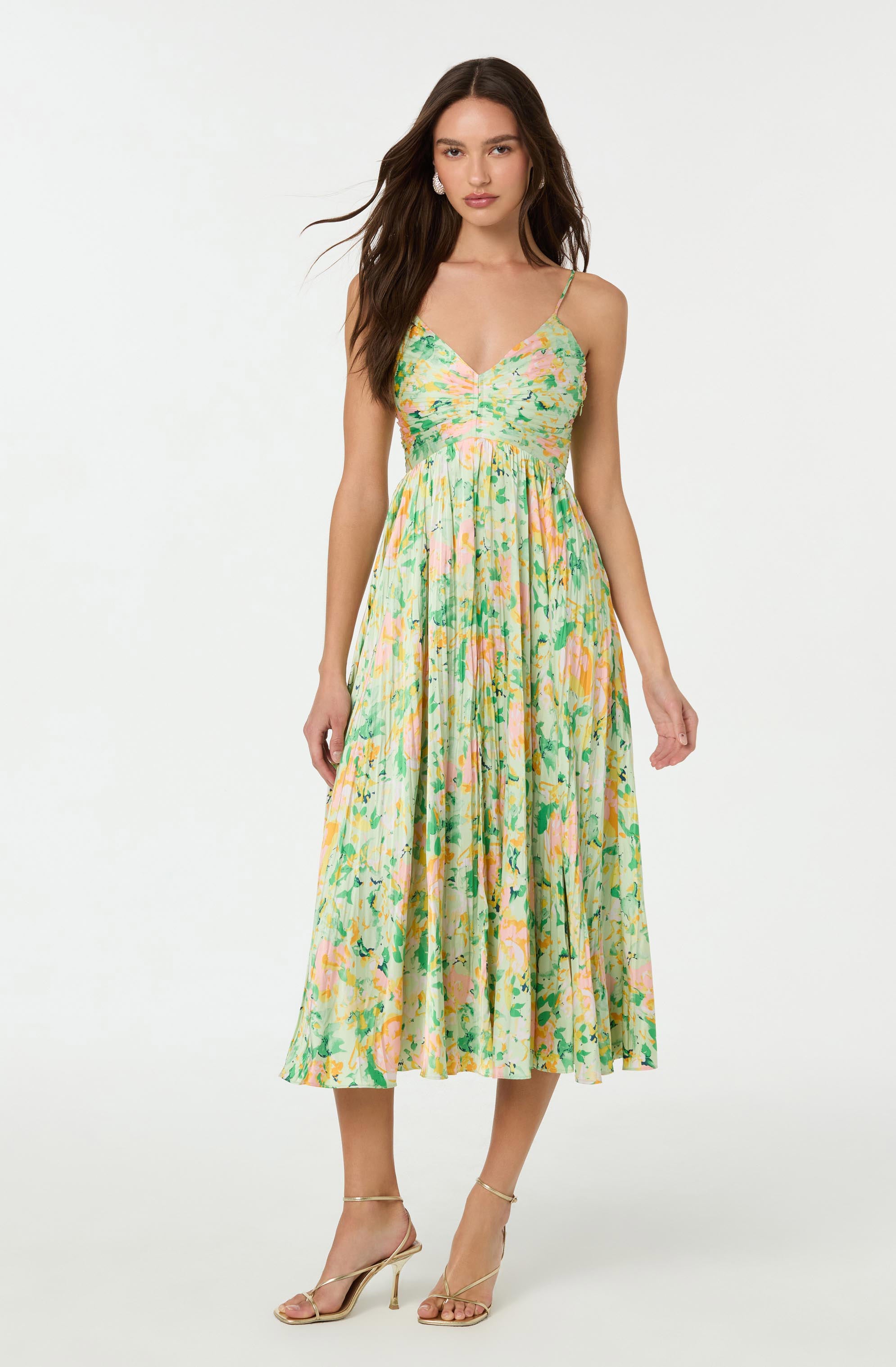 Maeve Floral Pleated Satin Midi Dress