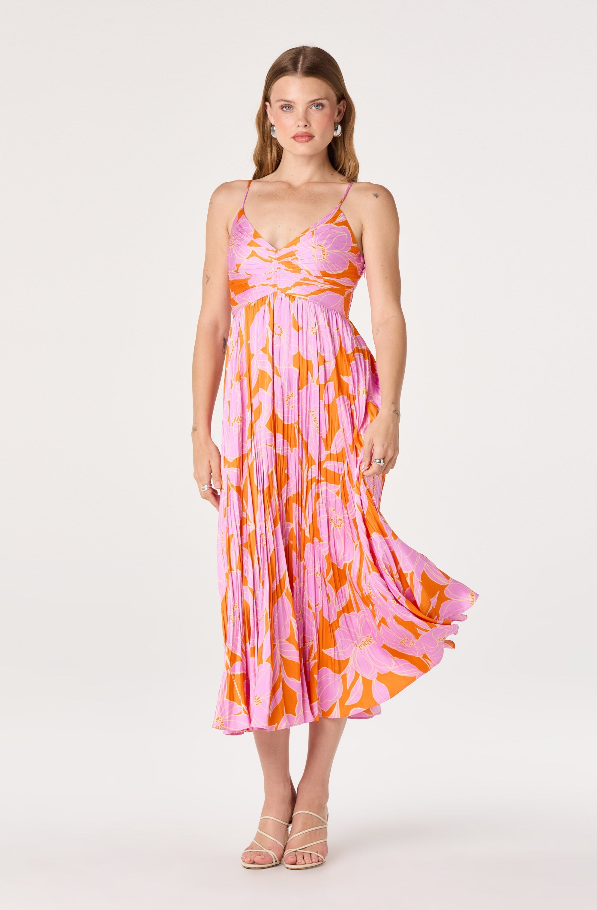 Maeve Floral Pleated Satin Midi Dress