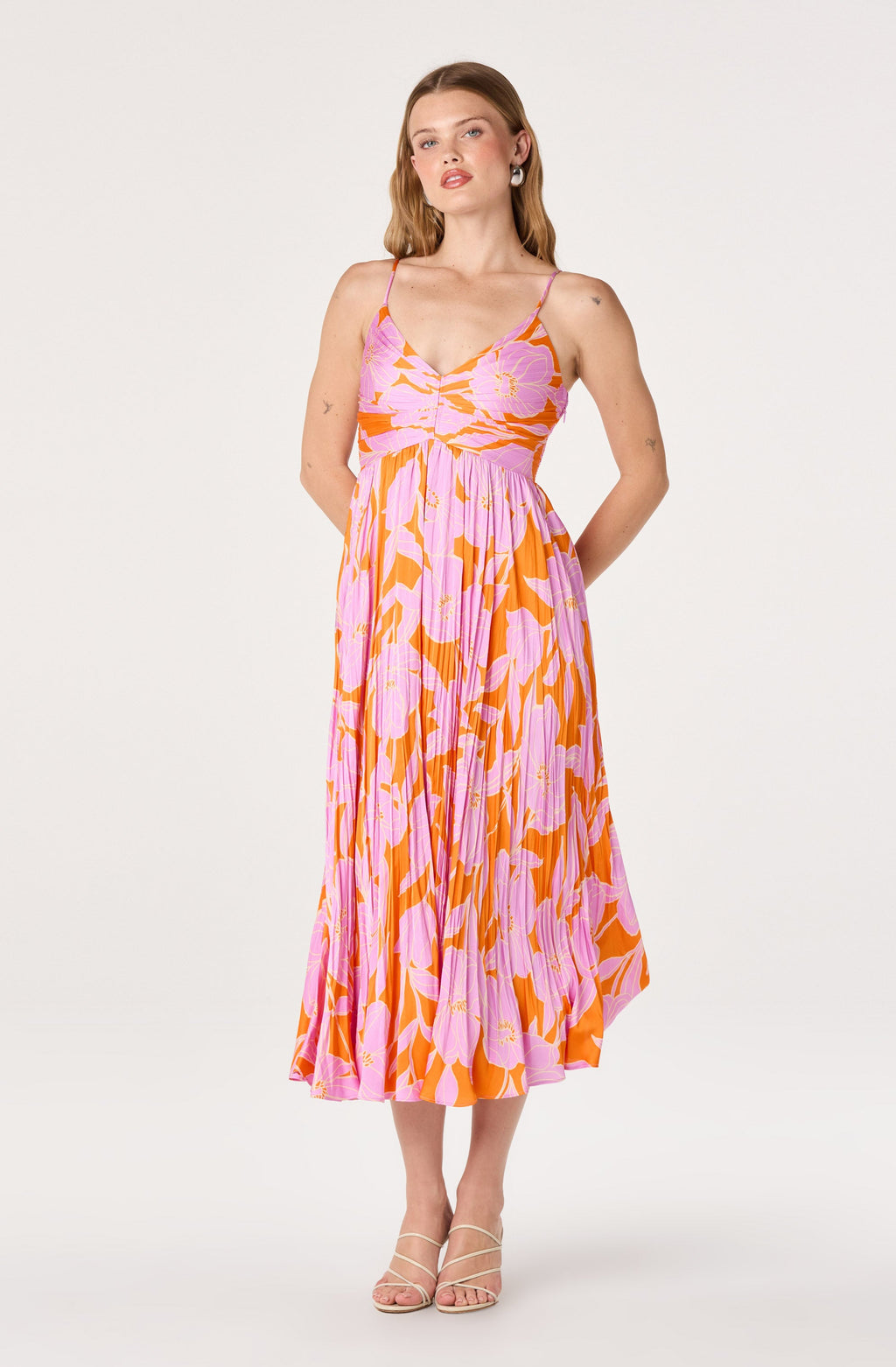 Maeve Floral Pleated Satin Midi Dress