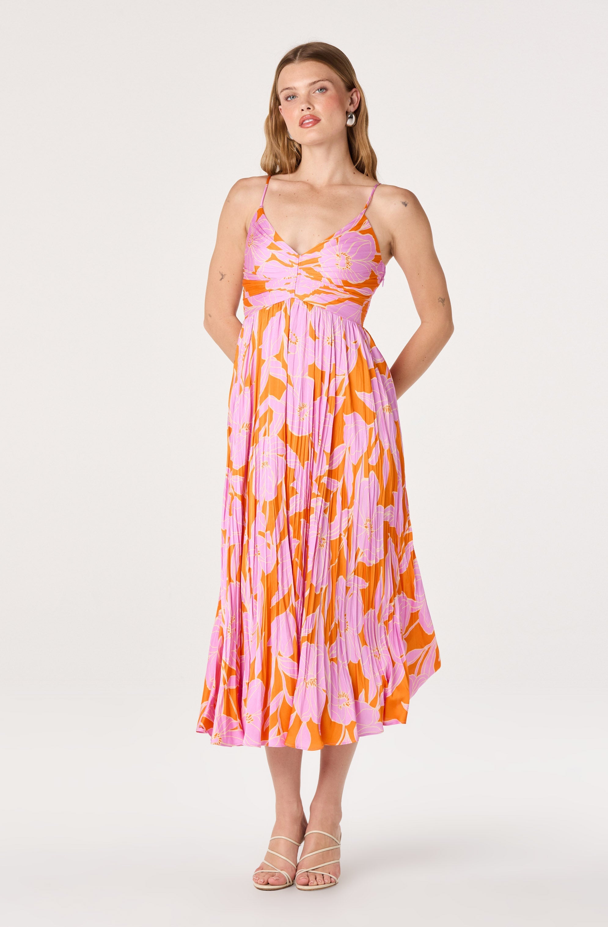 Maeve Floral Pleated Satin Midi Dress