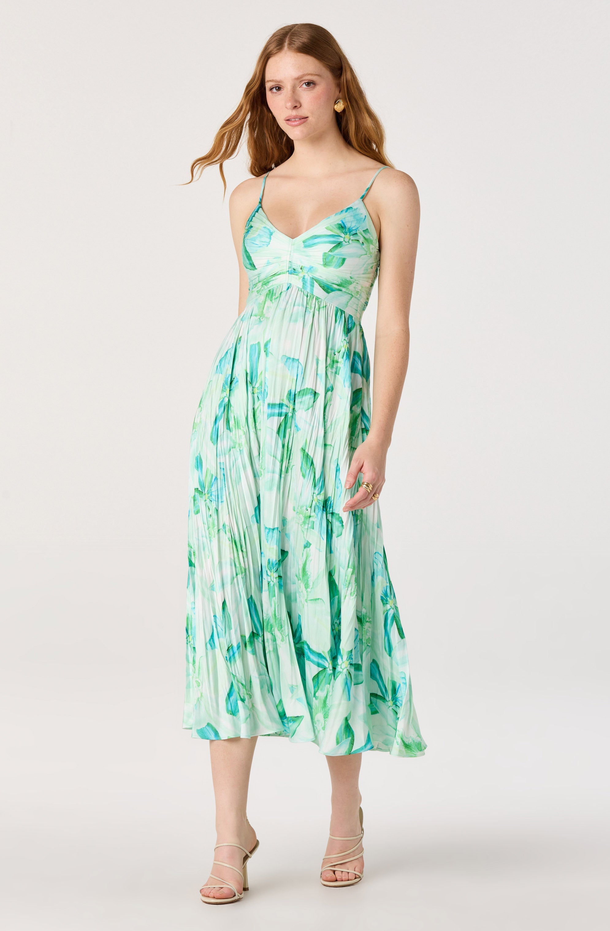 Maeve Floral Pleated Satin Midi Dress