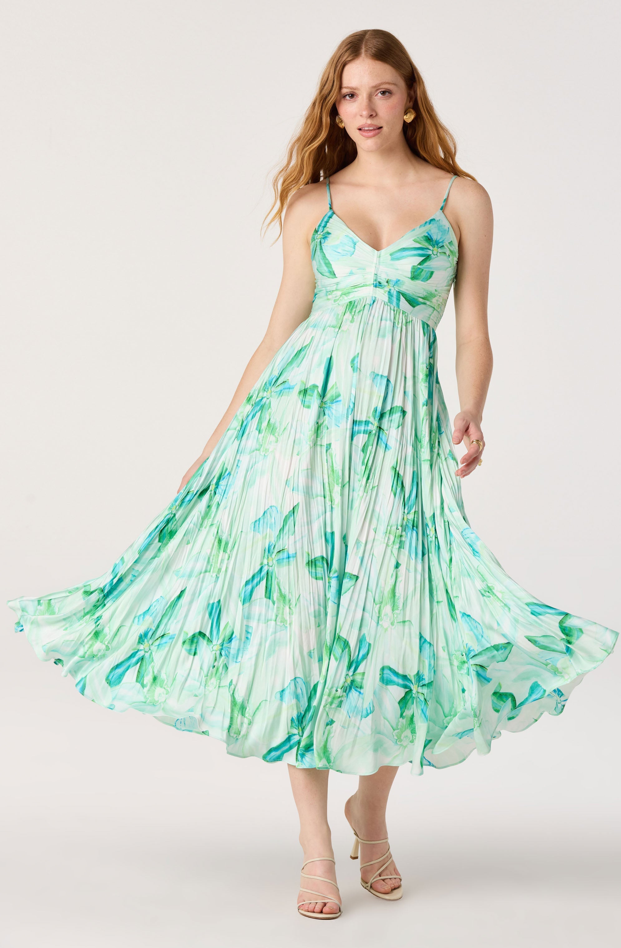 Maeve Floral Pleated Satin Midi Dress