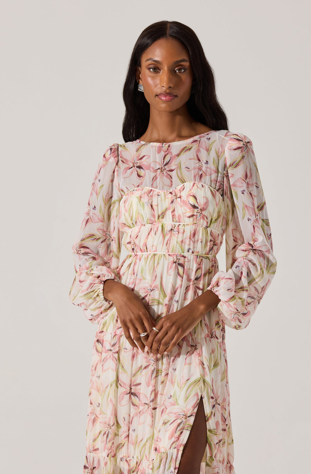 Pleated Chiffon Floral Midi Dress