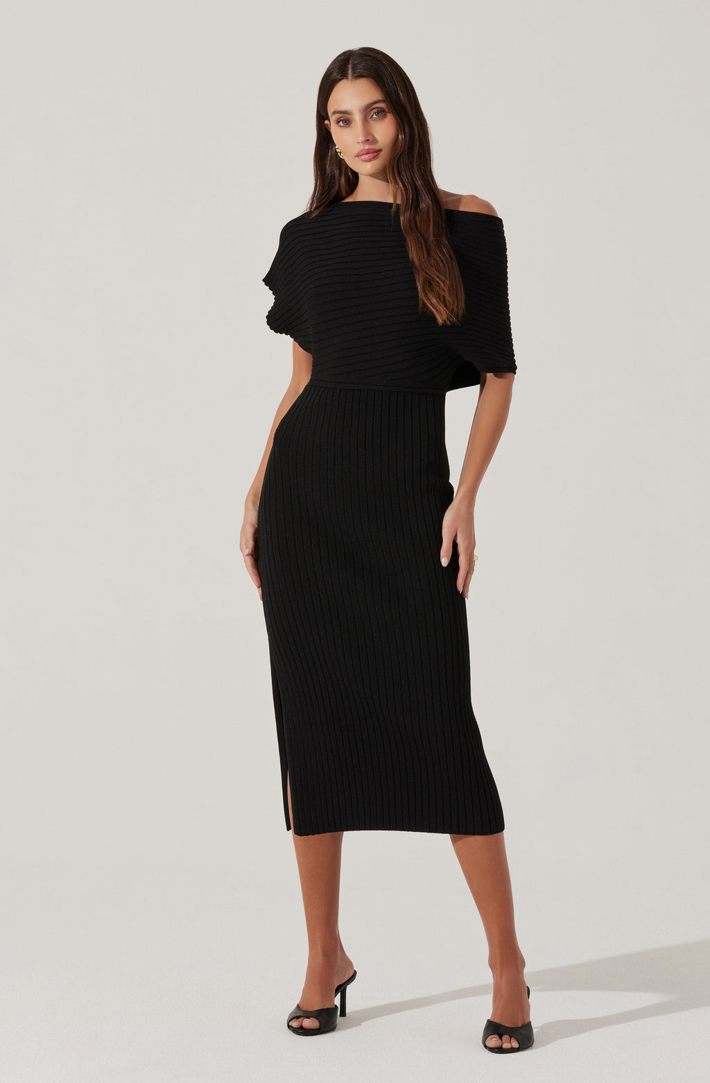 Off Shoulder Ribbed Midi Sweater Dress