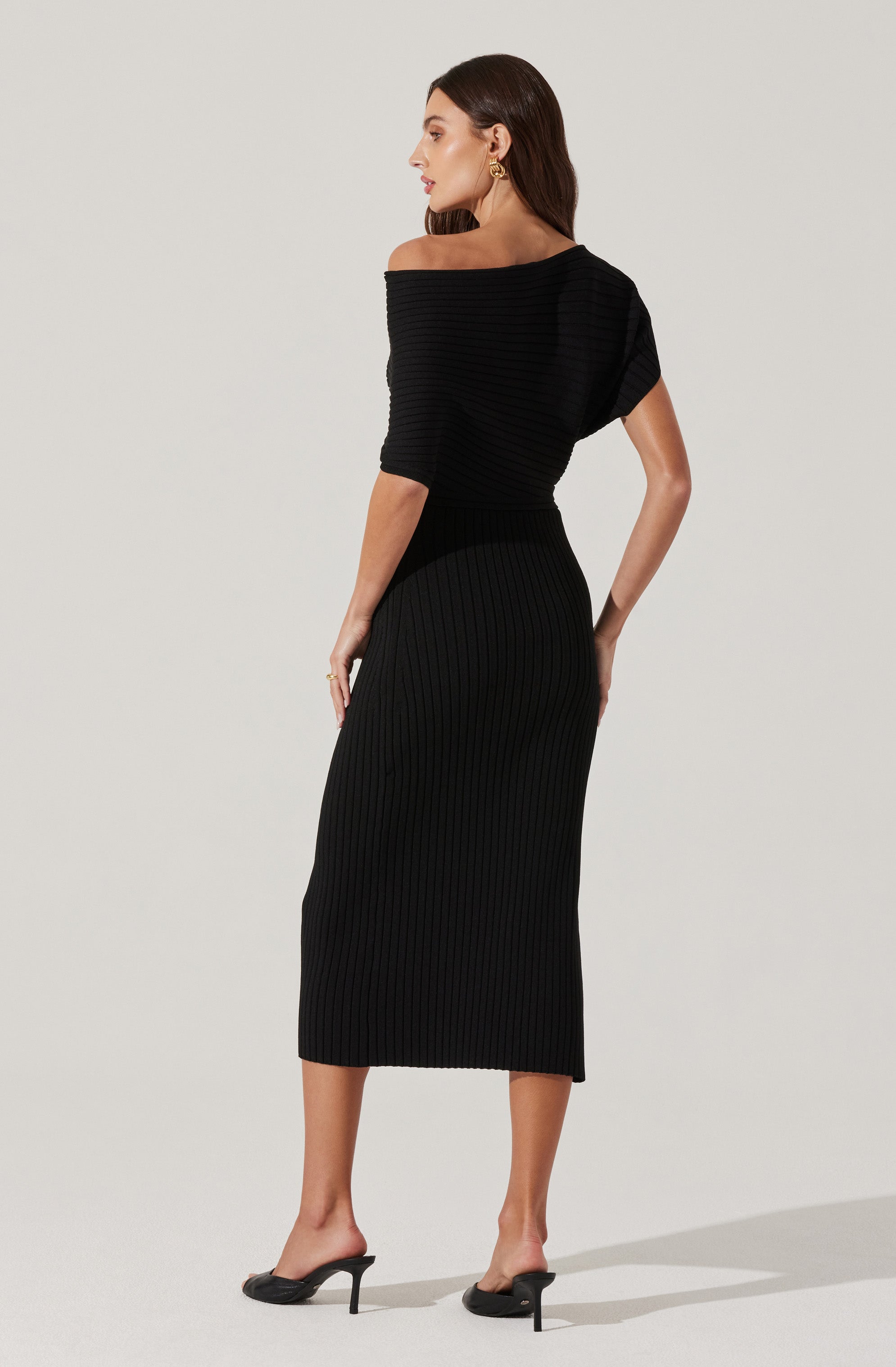Off Shoulder Ribbed Midi Sweater Dress