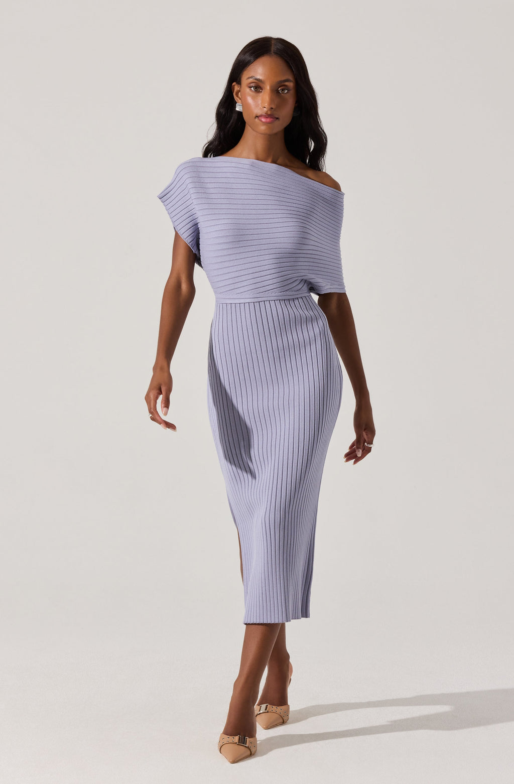 Off Shoulder Ribbed Midi Sweater Dress