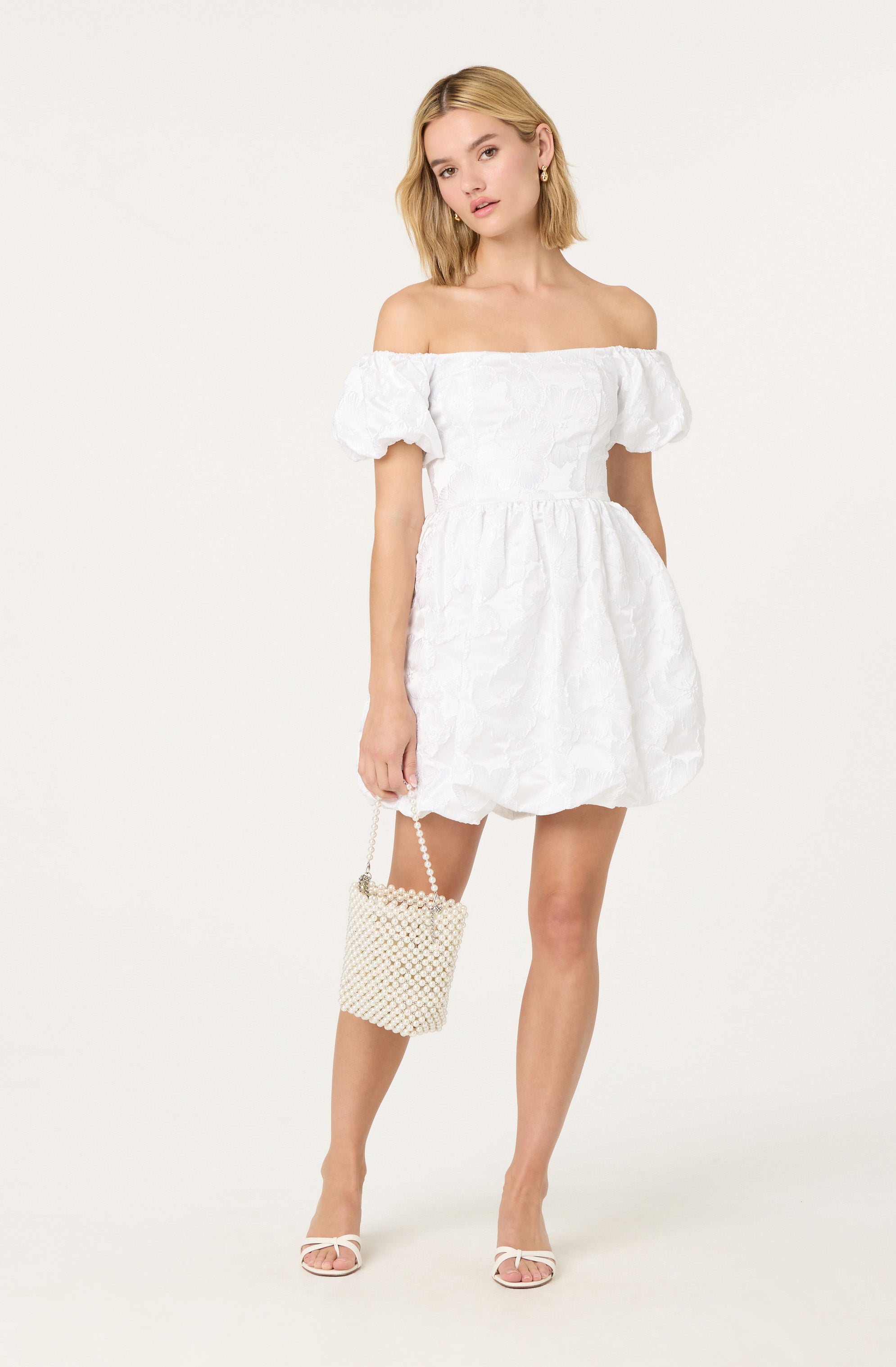 Off Shoulder Floral Jacquard Bubble Dress