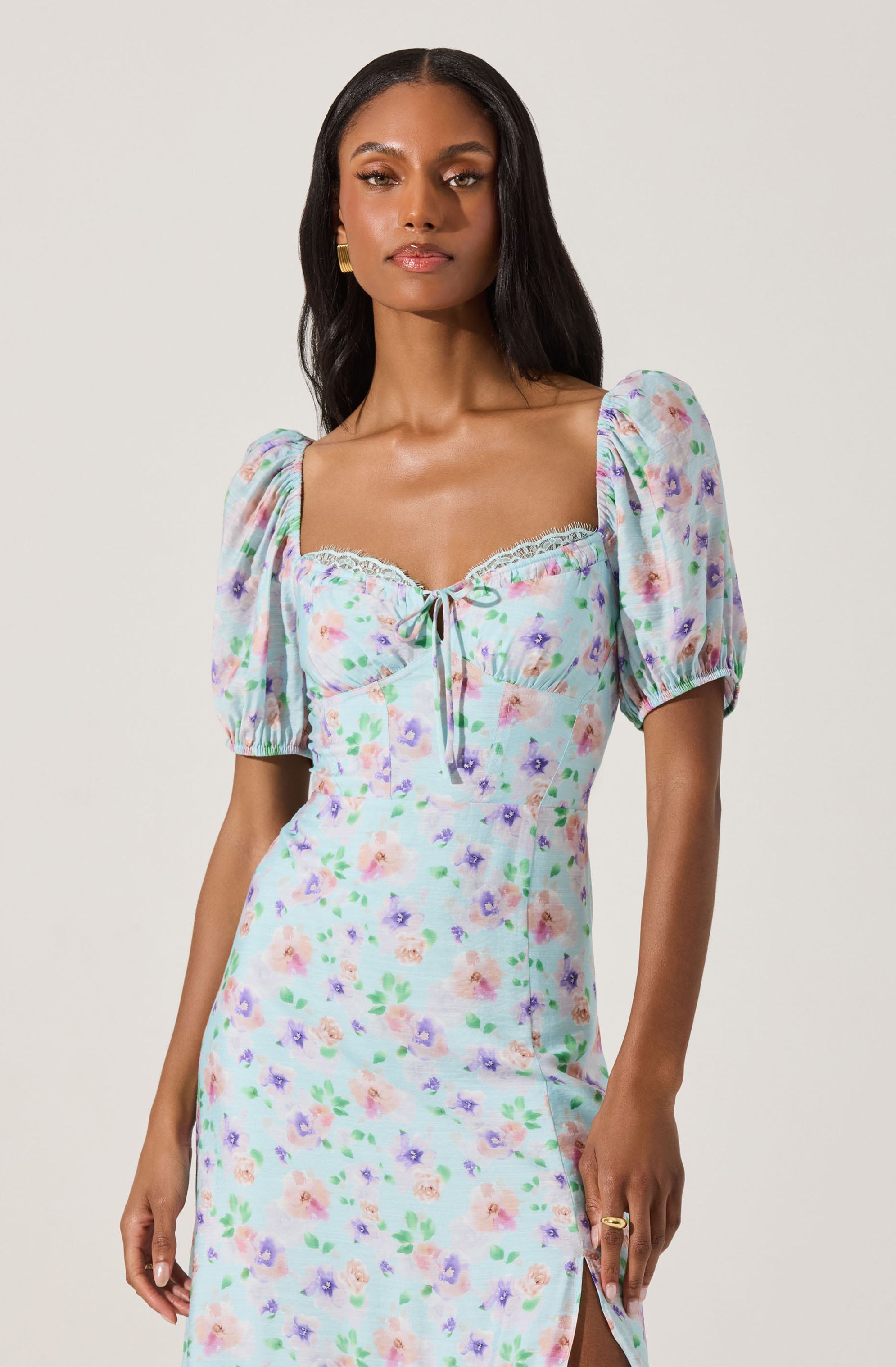 Lace Trim Bustier Floral Midi Dress