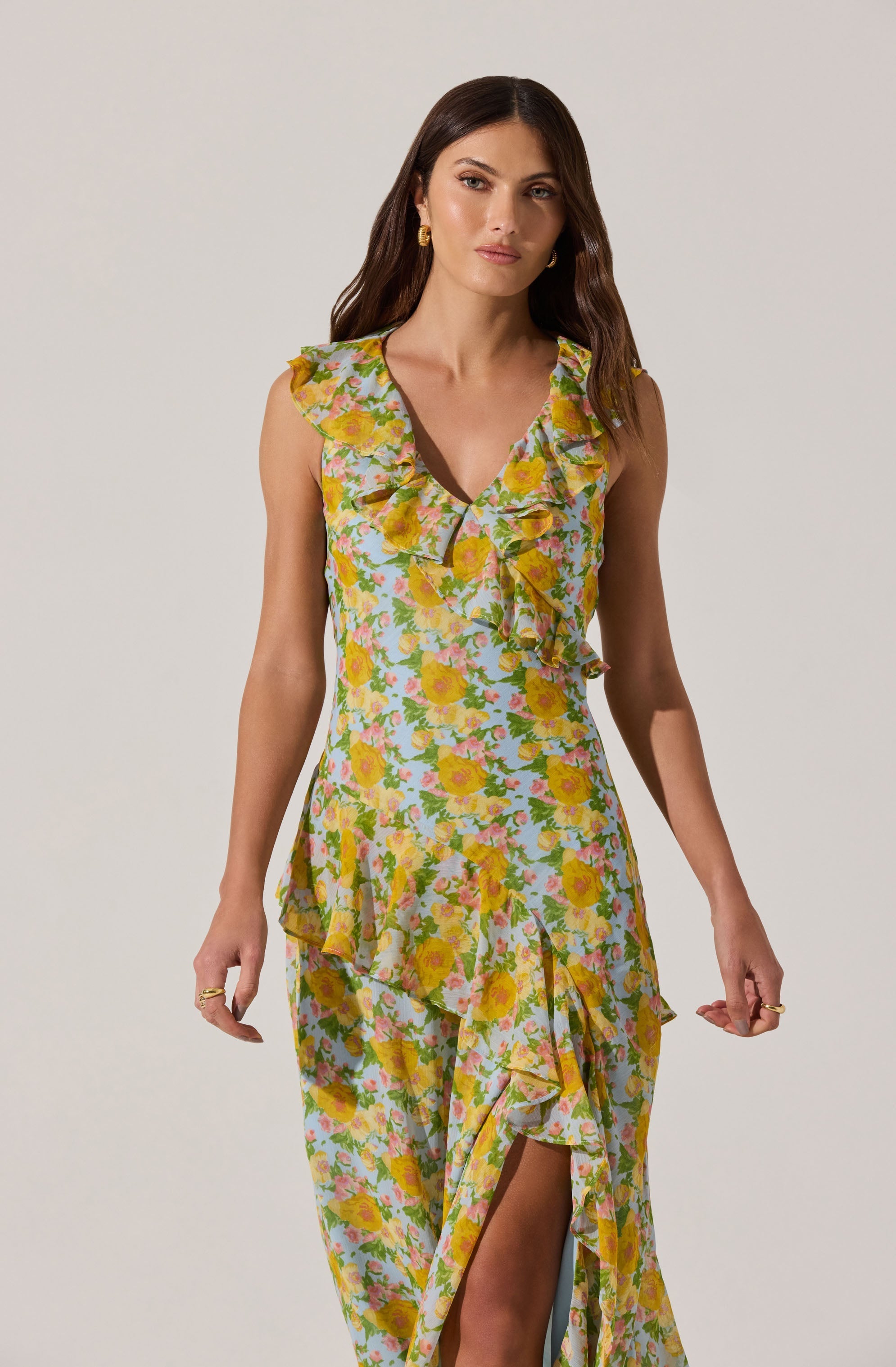 V-neck Floral Ruffle Midi Dress