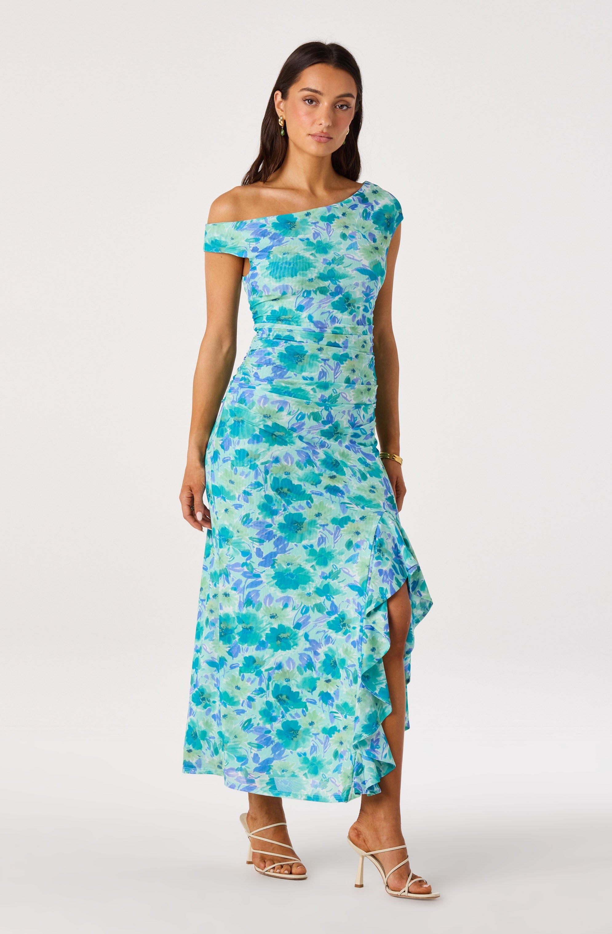 Off Shoulder Ruched Floral Maxi Dress