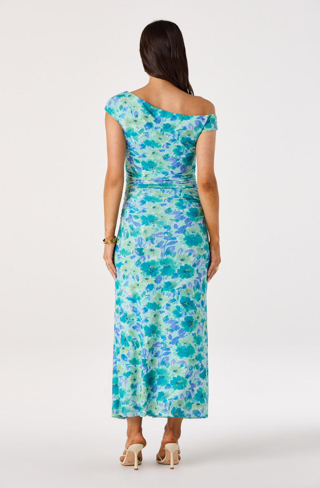 Off Shoulder Ruched Floral Maxi Dress