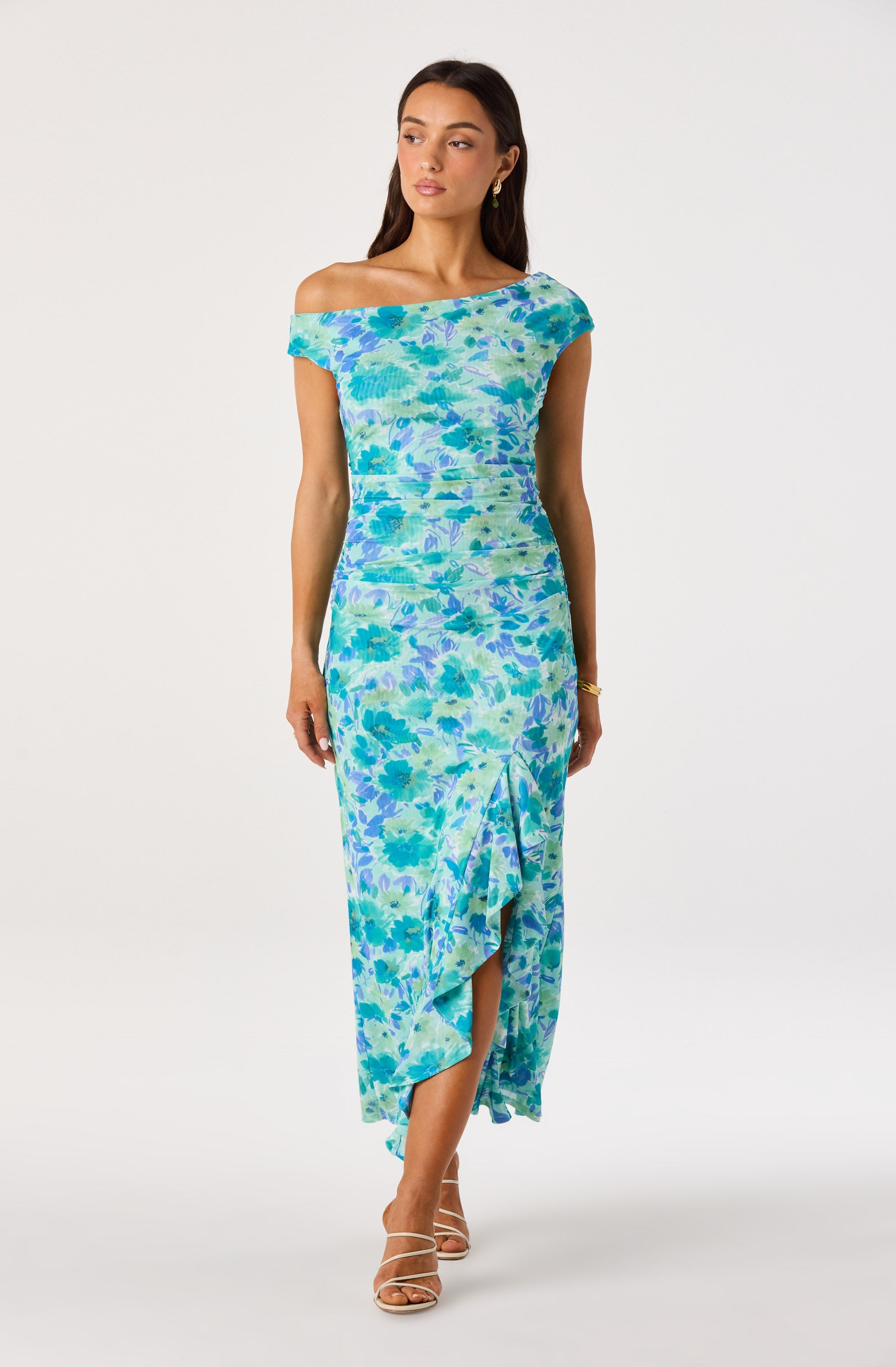 Off Shoulder Ruched Floral Maxi Dress