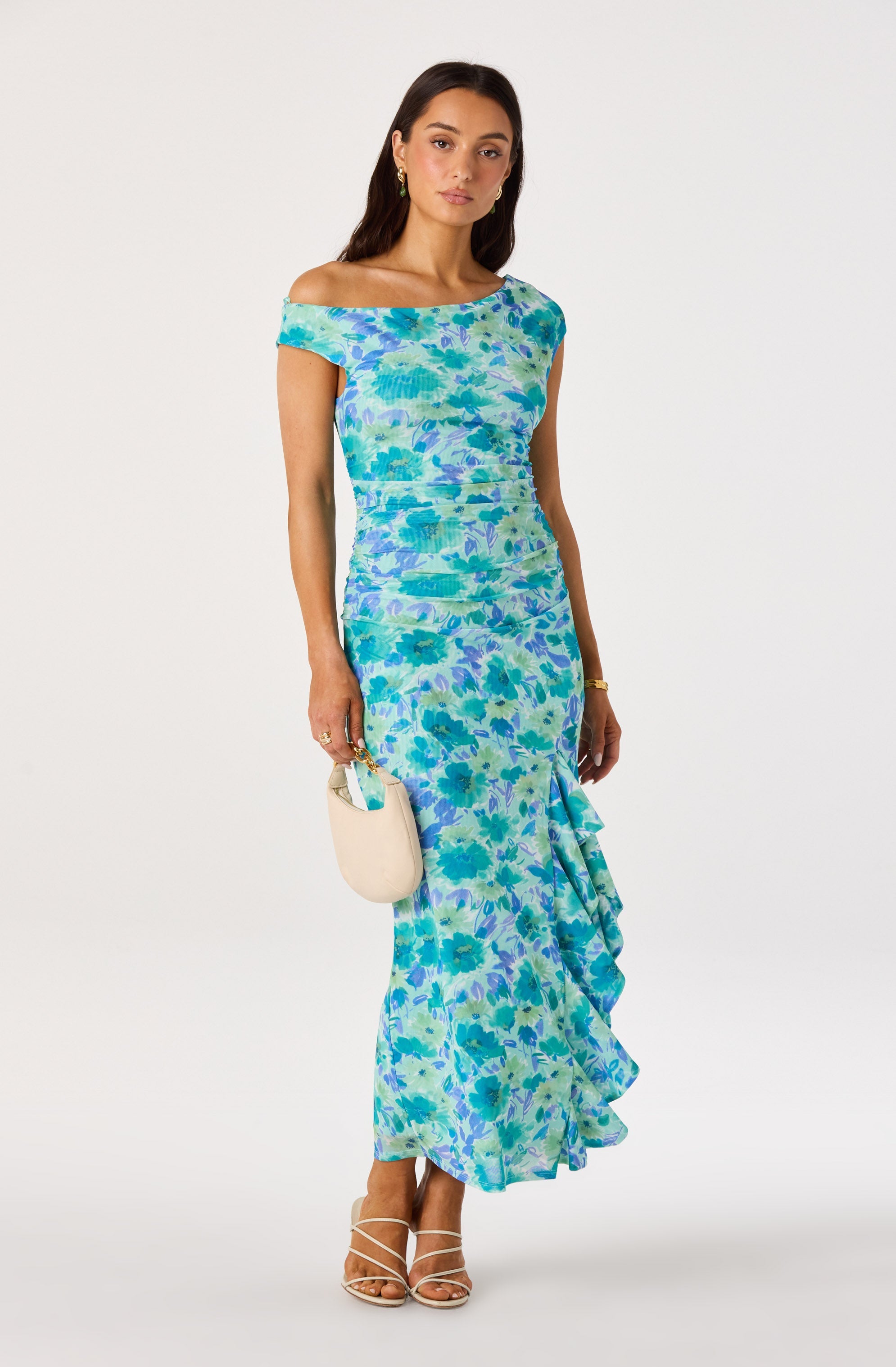 Off Shoulder Ruched Floral Maxi Dress