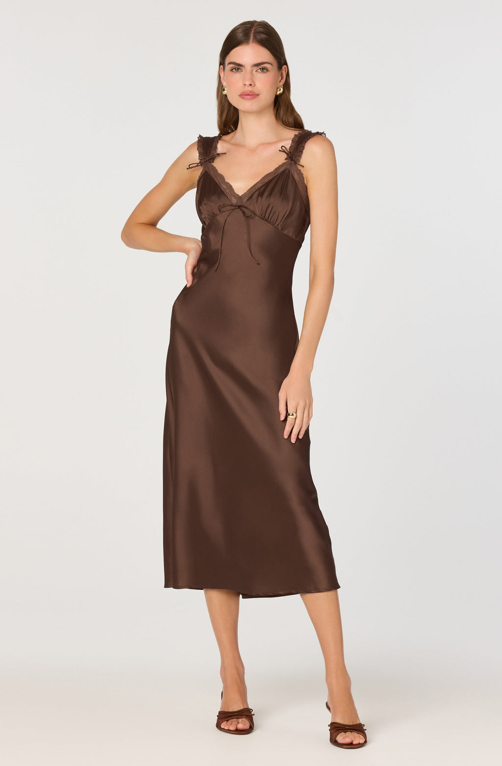 Lace Trim Satin Slip Midi Dress