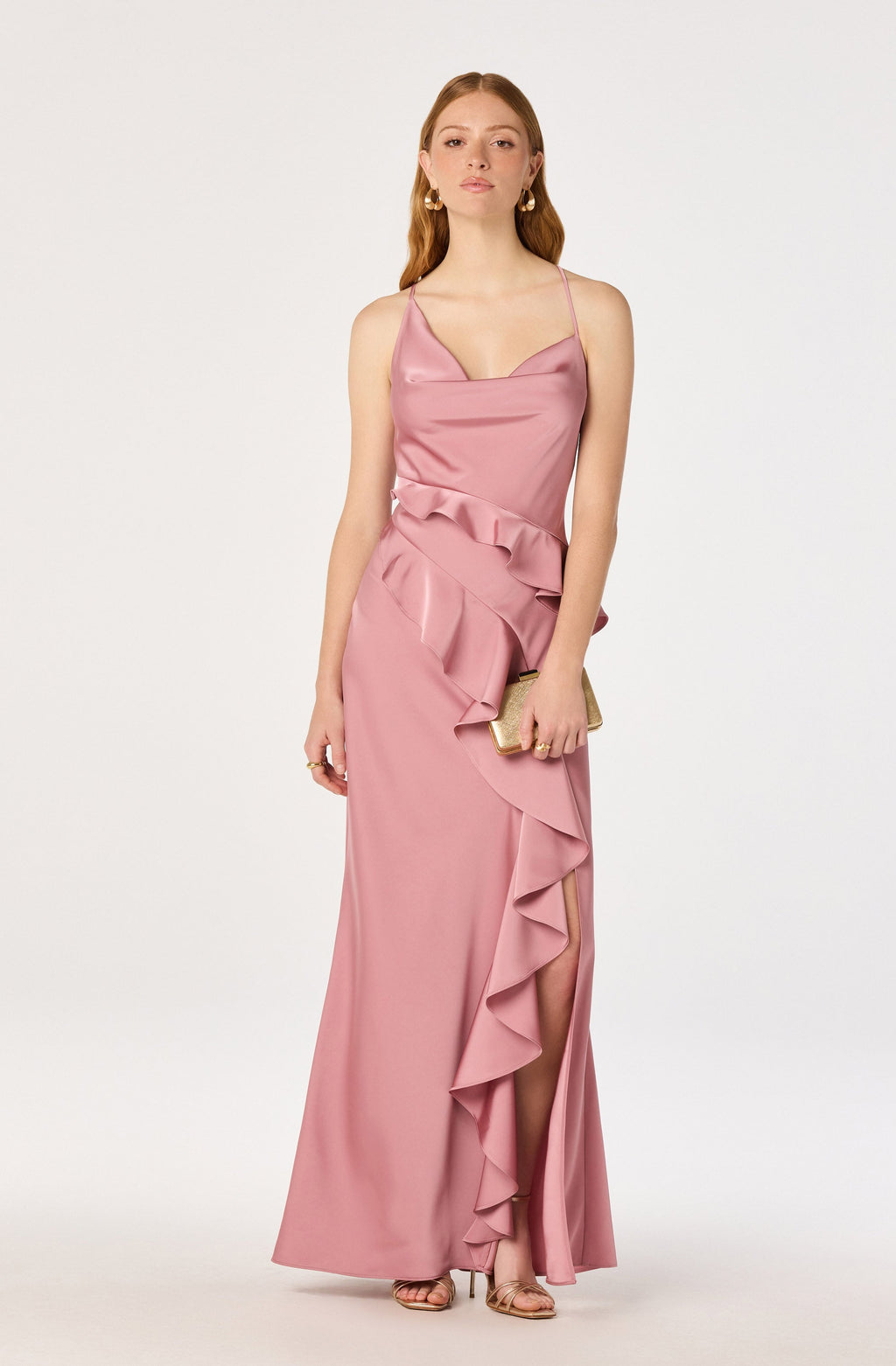 Adelina Satin Ruffle Maxi Dress