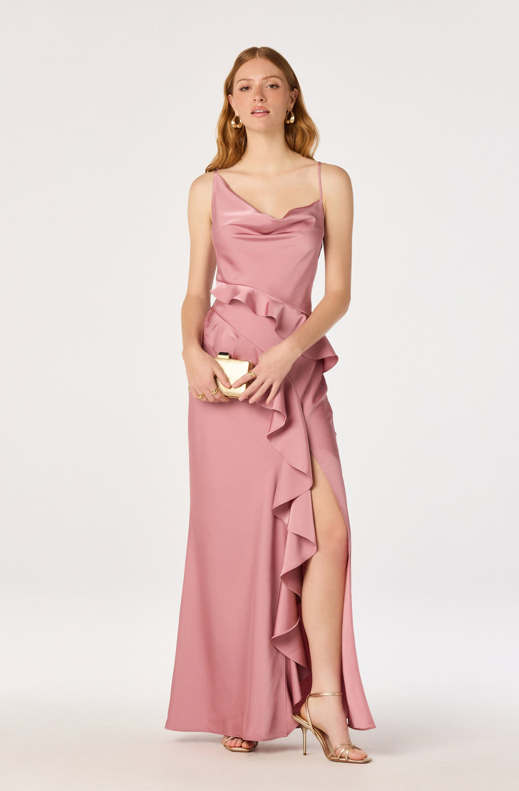 Adelina Satin Ruffle Maxi Dress