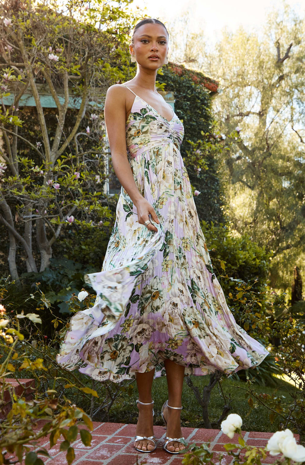 Maeve Floral Pleated Satin Midi Dress