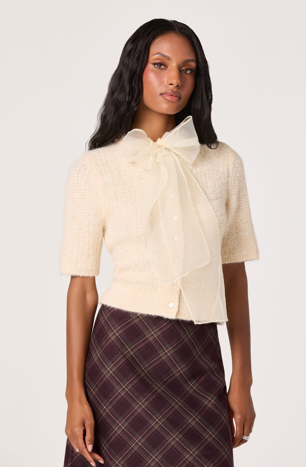 Organza Bow Short Sleeve Cardigan