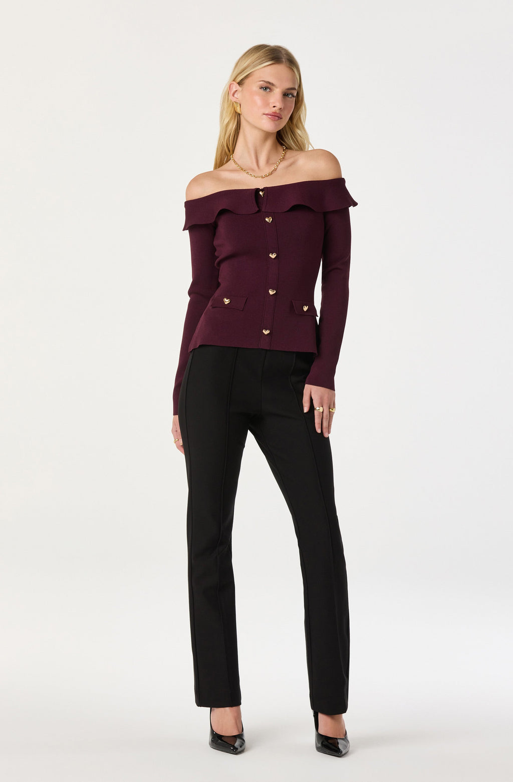 Off Shoulder Foldover Ruffle Sweater