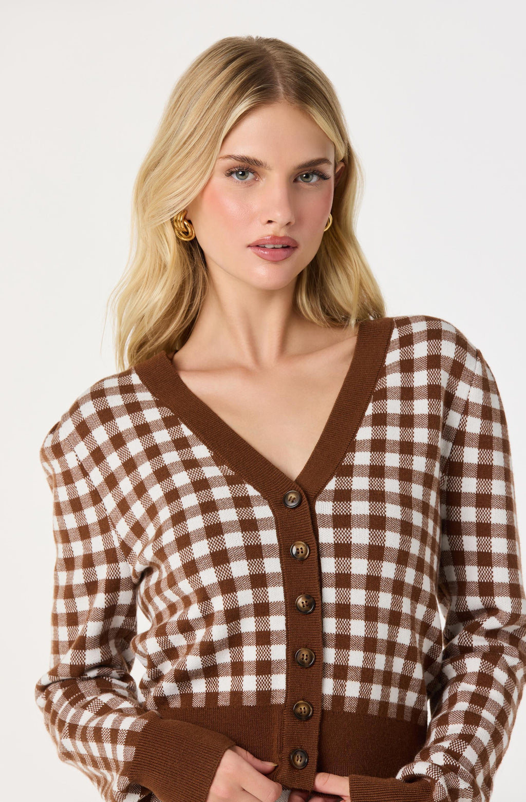 Gingham Contrast V-Neck Cardigan