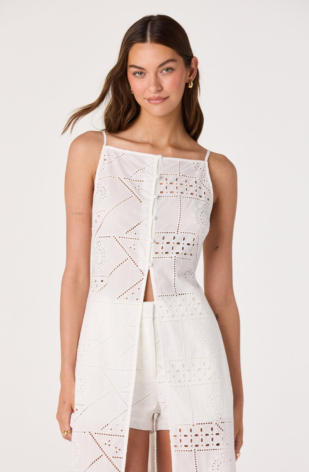 Mercy Eyelet Button-Front Tunic Top